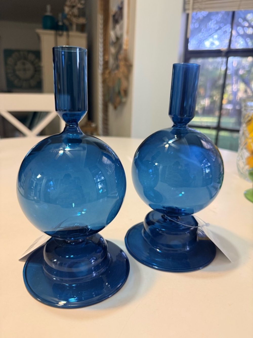 NWT Bubble Glass CANDLES-HOLDERS  BLUE.  SET (2). 7.5" TAPERED